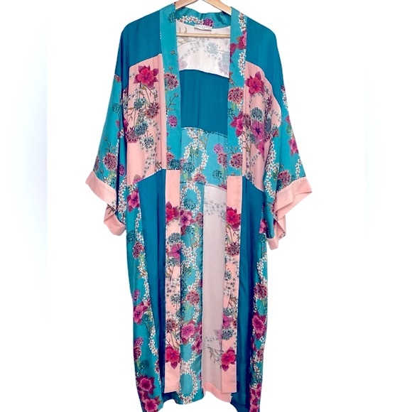 Sandro Ting Printed Floral Botanical Silk and Viscose Kimono Patchwork Jacket - Picture 2 of 9